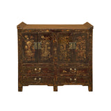 Chinese Distressed Dark Brown Vintage Graphic Tall Credenza Cabinet cs5807S