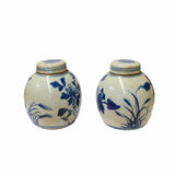 Pair Blue White Mini Oriental Flowers Graphic Porcelain Ginger Jars ws1874S