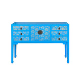 Bright Blue Lacquer Golden Flower Graphic Drawers Slim Foyer Side Table cs7153S