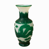 Vintage Chinese Peking Glass Green & White Hand Carving Phoenix Vase f857S