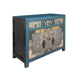 Chinese Distressed Teal Green Gray Flower Graphic Credenza Cabinet cs7511S