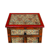 Distressed Red Orange Beige Tibetan Floral End Table Nightstand cs7573S