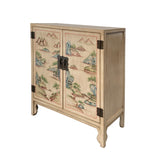Chinese Distressed Beige Tan Water Mountain Graphic Credenza Cabinet cs7509S