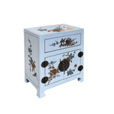 Chinese Off White Vinyl Moon Face Flower Bird End Table Nightstand cs7549S