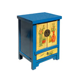 Chinese Rustic Bright Blue Yellow Graphic End Table Nightstand cs7355S