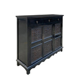 Asian Black Flower Motif Carving Side Table Credenza Storage Cabinet cs7503S