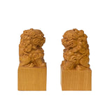 Chinese Pair Wood Carved Mini Foo Dogs Lions FengShui Figures ws2382S