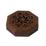 Small Brown Wood Octagonal Carving Storage Accent Box ws2647S