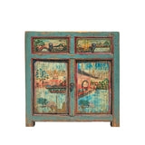 Chinese Distressed Turquoise Blue Old Graphic Credenza Cabinet cs7312S