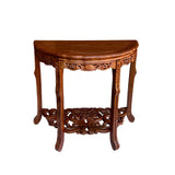 Chinese Brown Flower Carving Wood 2 Half Side Round Pedestal Table ws2748S