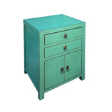 Chinese Distressed Turquoise Green 2 Drawers End Table Nightstand cs7420S