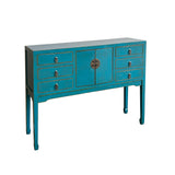 Distress Bright Blue Lacquer Tall Moon Face 6 Drawers Slim Foyer Table cs7566S