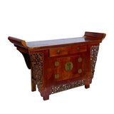 Chinese Rustic Brown Vintage Point Edge Flower Apron Console Cabinet cs7305S