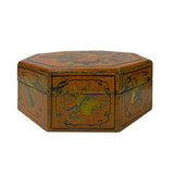 Chinese Distressed Light Brown Octagon Dragon Treasure Graphic Box ws2346S