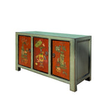 Chinese Vintage Gray Orange Flower Graphic Low TV Console Cabinet cs7427S