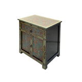 Distressed Pastel Green Turquoise Tibetan Floral End Table Nightstand cs7517S