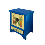 Chinese Rustic Bright Blue Yellow Graphic End Table Nightstand cs7421S