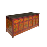 Chinese Tibetan Orange Red Yellow Flower Graphic Low TV Console Table cs7317S