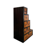 Vintage Restored Distressed Brown Black Narrow Tansu Step Cabinet cs7553S