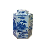 Chinese Blue & White Porcelain Trees Scenery Hexagon Jar Container ws2754S