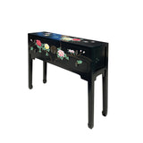 Black Lacquer Flower Graphic 4 Drawers Slim Narrow Foyer Side Table cs7347S
