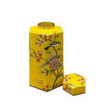 Bright Yellow Hexagonal Porcelain Flower Birds Graphic Vase Jar ws2651S