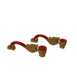 Pair Chinese Wood Carved Golden Red Dragon Head Display Art ws2575S