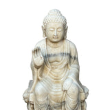 Asian White Stone Carved Sitting Buddha On Base With Heavenly Guardian Soldier n595s