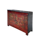 Chinese Vintage Brick Red Distressed Flower Graphic Side Table Cabinet cs7473S