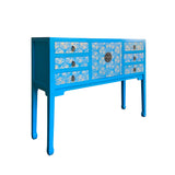 Bright Blue Lacquer Golden Flower Graphic Drawers Slim Foyer Side Table cs7153S