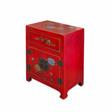 Chinese Red Vinyl Moon Face Flower Birds End Table Nightstand cs7132S