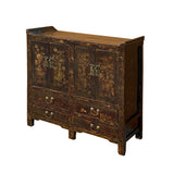Chinese Distressed Dark Brown Vintage Graphic Tall Credenza Cabinet cs5807S