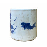 Chinese Distressed White Porcelain Blue Fishes Graphic Holder Vase ws1845S