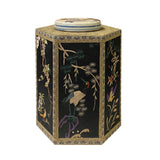 Chinese Black Hexagon Container Flower Birds Embroidery Porcelain Cover ws2659S