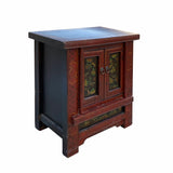 Chinese Vintage Brick Red Flower Graphic End Table Nightstand cs7070S