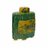Chinese Yellow Green Scenery Theme Rhombus Ceramic Jar ws1799S