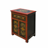 Tibetan Oriental Black Orange Red Floral End Table Nightstand cs6949S