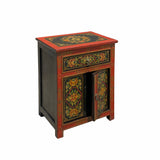 Tibetan Oriental Black Orange Red Floral End Table Nightstand cs6949S