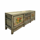 Chinese Distressed Light Green Celadon Graphic Low TV Console Cabinet cs6947S