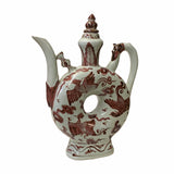 Chinese Off White Brick Blood Red Birds Graphic Theme Vase Jar ws1665S