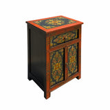 Tibetan Oriental Black Orange Floral End Table Nightstand cs6941S