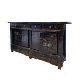 Oriental Vintage Distressed Flower Black TV Console Sideboard Cabinet cs7516S