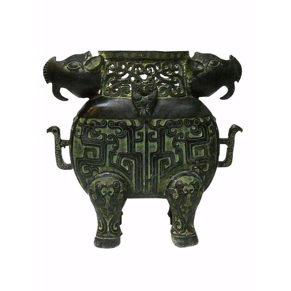 Chinese Ancient Green Bronze-ware Ram Ox Ding Incense Burner