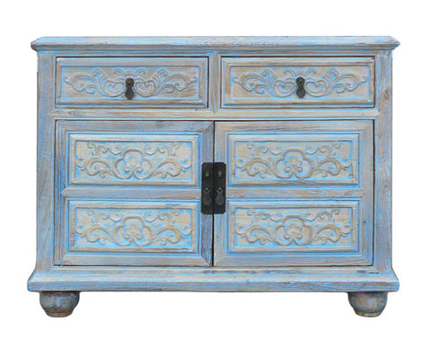 rustic light blue carved cabinet