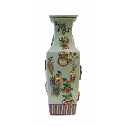 Chinese Light Green Dimensional Color Graphic Square Porcelain Vase 