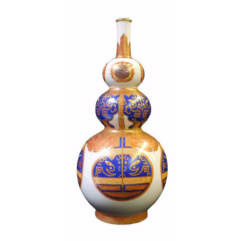 Chinese White Golden Blue Graphic Gourd Shape Vase