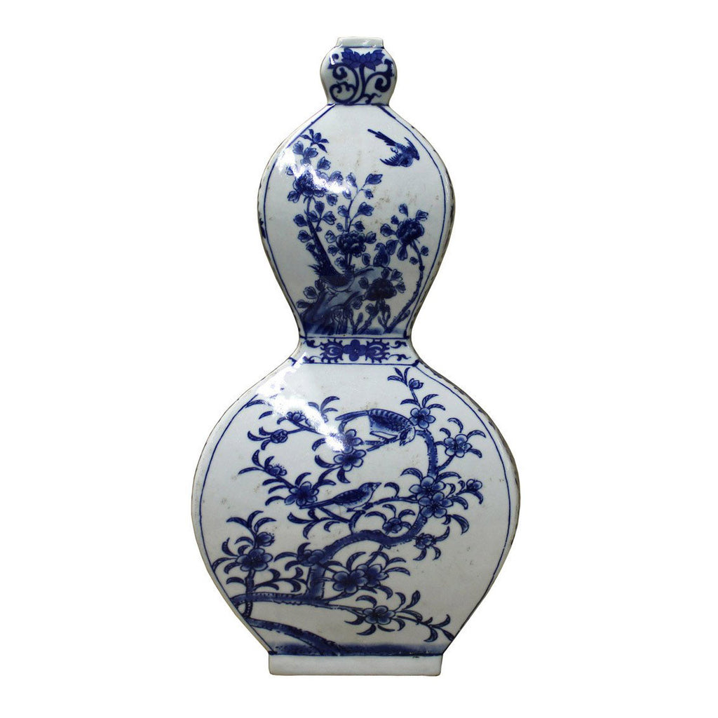 Chinese Blue White Porcelain Flower Bird Graphic Flat Gourd Shape Vase cs2460S