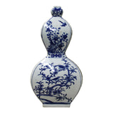 Chinese Blue White Porcelain Flower Bird Graphic Flat Gourd Shape Vase 