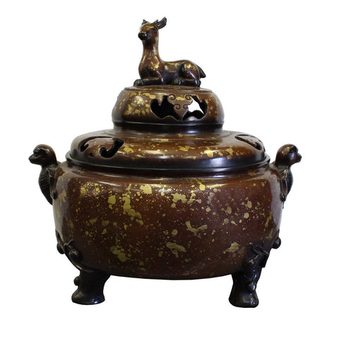 Chinese Fine Bronze Metal Deer Theme Incense Burner Ding Display