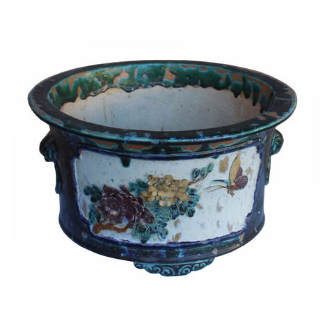 Chinese Ceramic Dimensional Flower Butterfly Round Green Glaze Planter